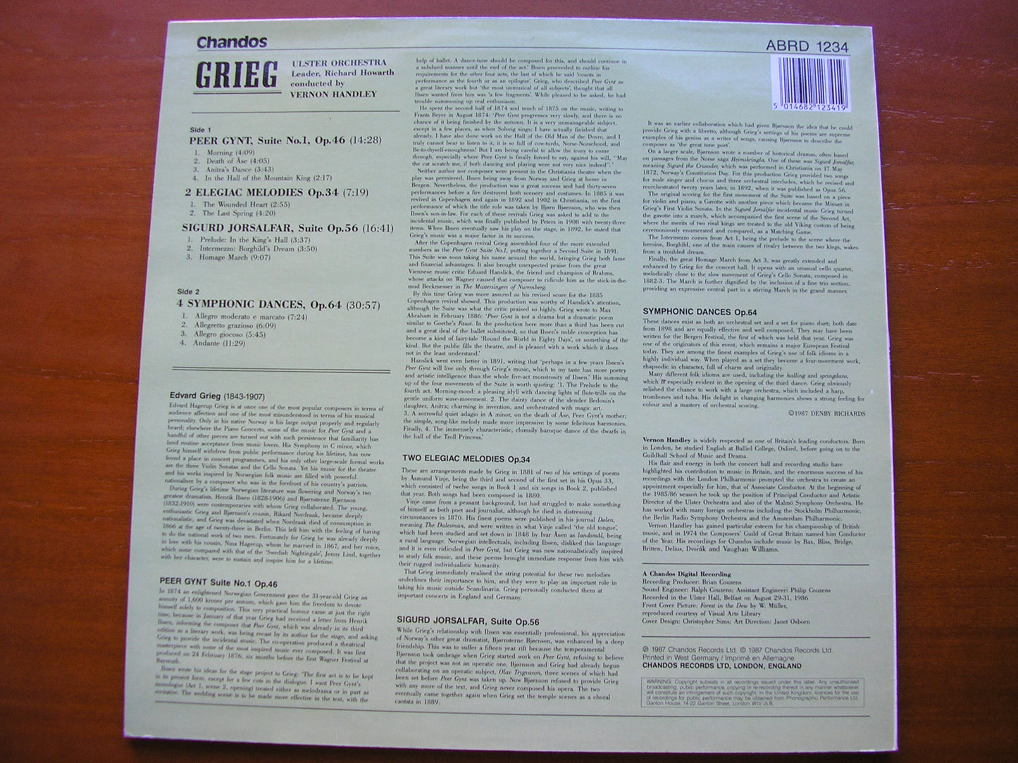 GRIEG: PEER GYNT Suite No. 1 / SYMPHONIC DANCES / TWO ELEGIAC MELODIES / SIGURD JORSALFAR ULSTER ORCHESTRA / HANDLEY ABRD 1234