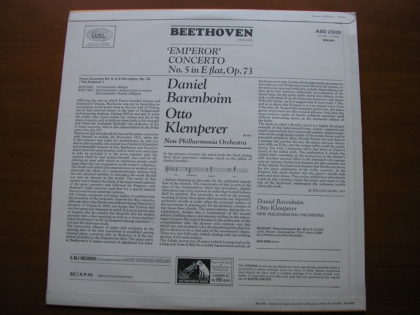 BEETHOVEN: PIANO CONCERTO No. 5 'Emperor' BARENBOIM / NEW PHILHARMONIA ORCHESTRA / KLEMPERER ASD 2500