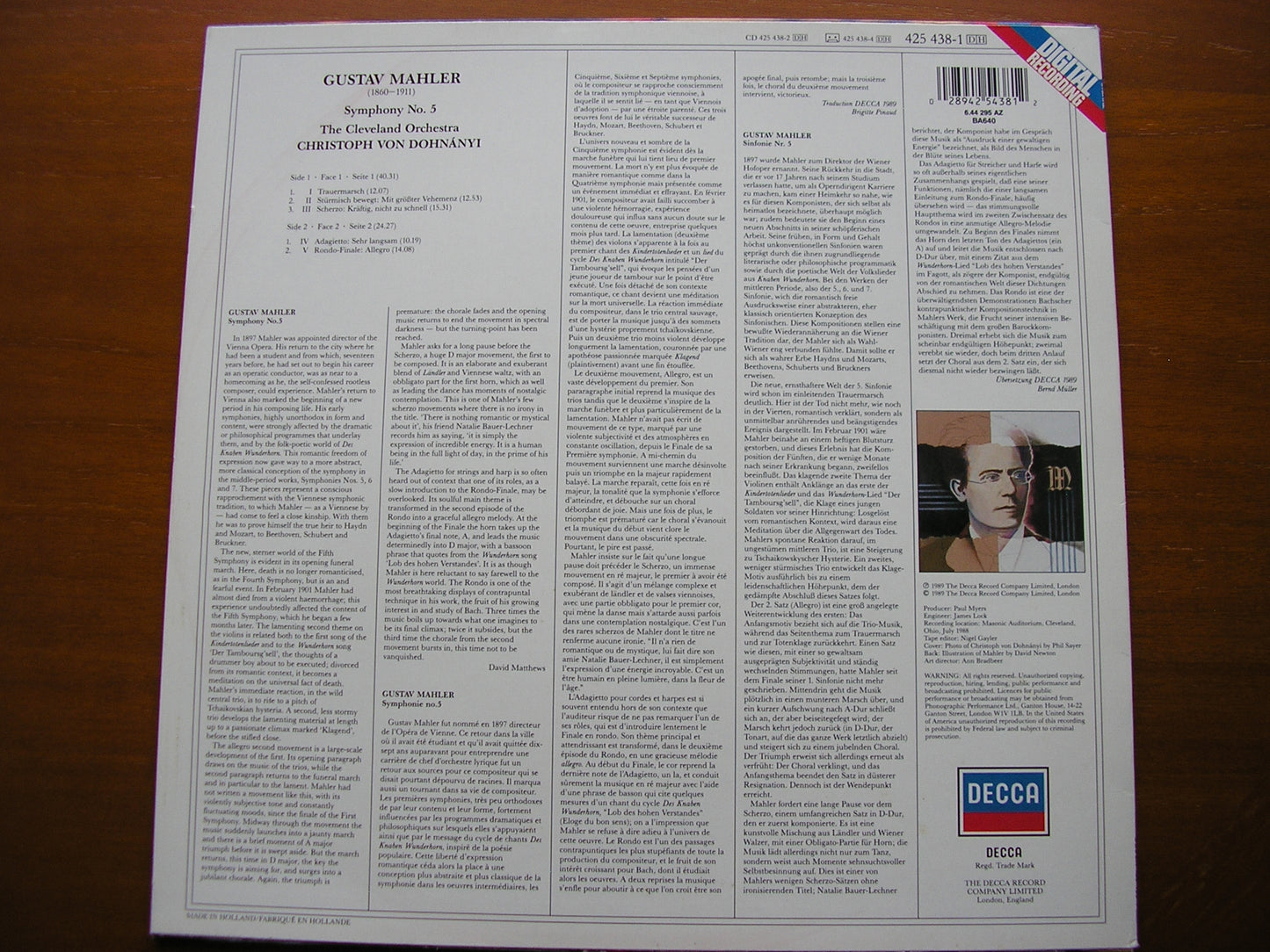 MAHLER: SYMPHONY No. 5 CHRISTOPH VON DOHNANYI / CLEVELAND ORCHESTRA 425 438
