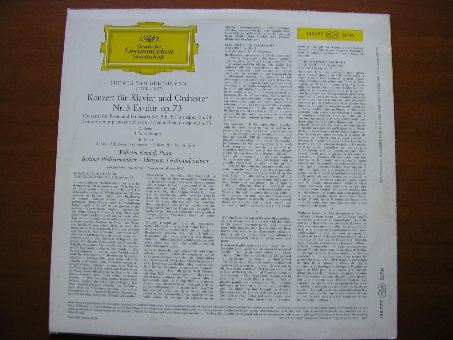 BEETHOVEN: PIANO CONCERTO No. 5   'Emperor'     KEMPFF / BERLIN PHLHARMONIC / LEITNER    138 777