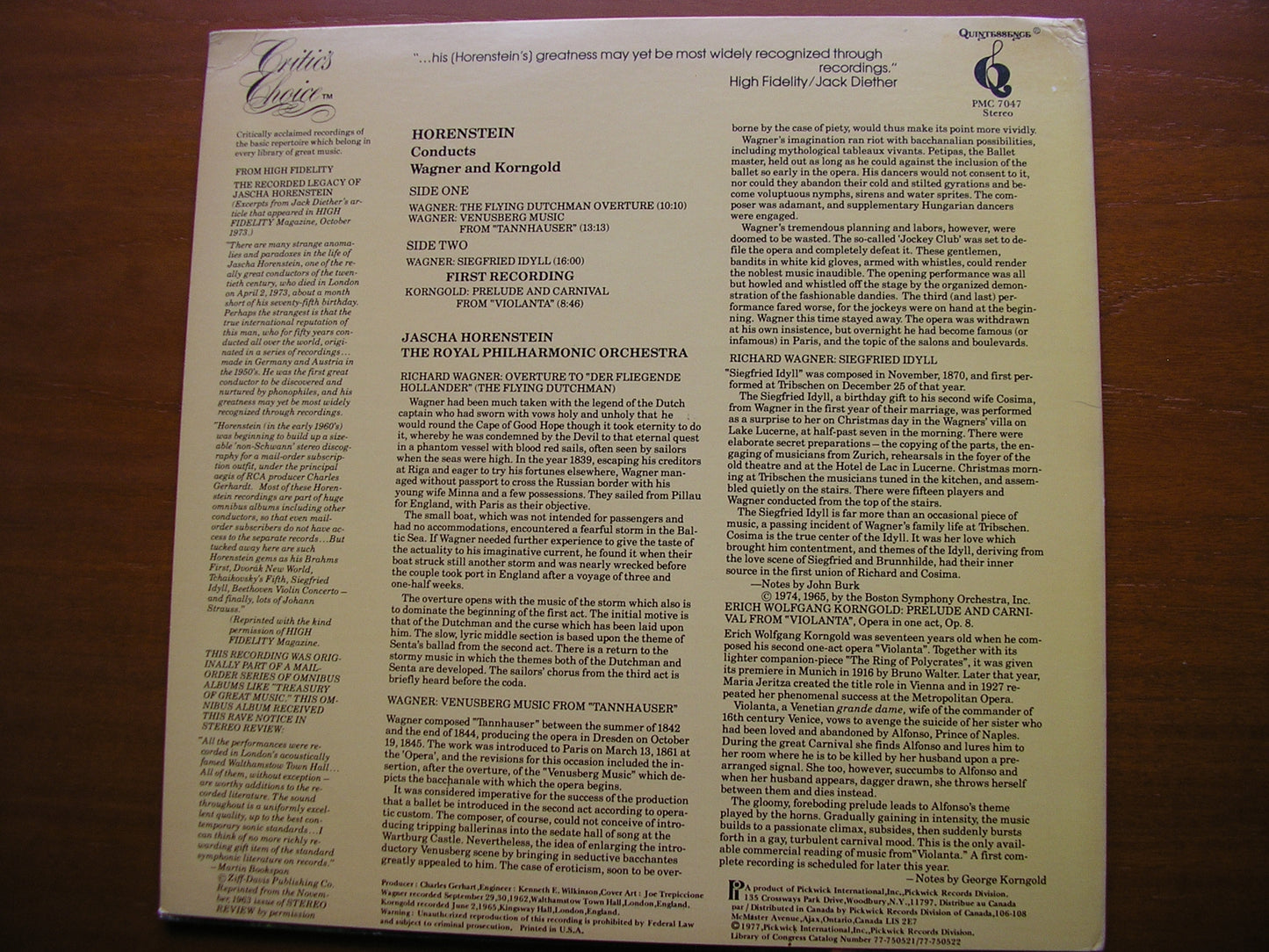 WAGNER: Tannhauser / The Flying Dutchman / Siegfried Idyll / KORNGOLD: Violanta HORENSTEIN / ROYAL PHILHARMONIC PMC 7047