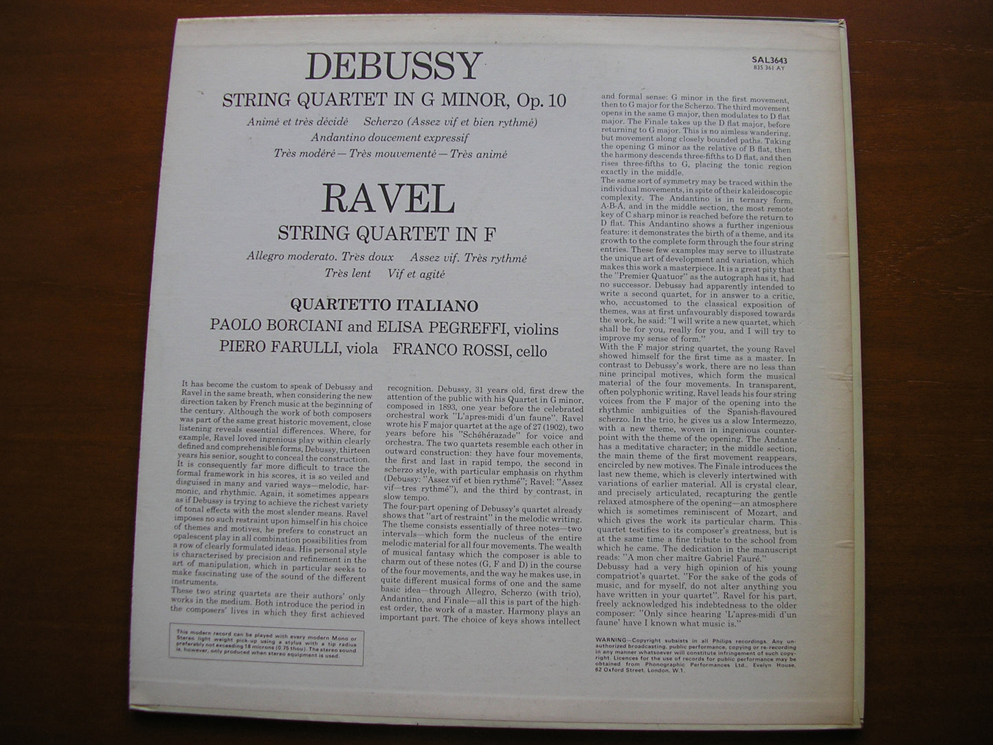 RAVEL & DEBUSSY: STRING QUARTETS QUARTETTO ITALIANO SAL 3643