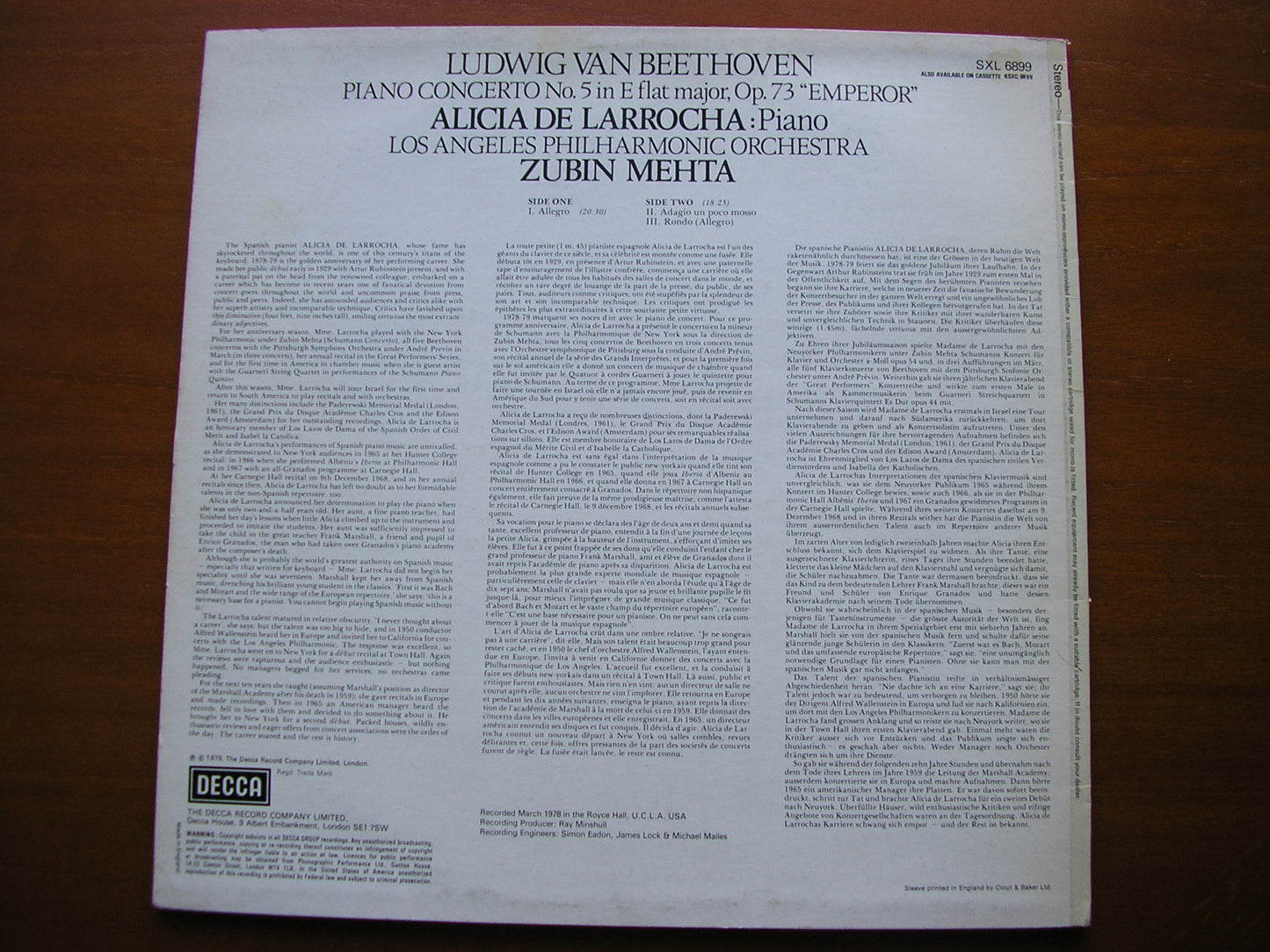 BEETHOVEN: PIANO CONCERTO No. 5  'Emperor'   DE LARROCHA / LAPO / MEHTA   SXL 6899