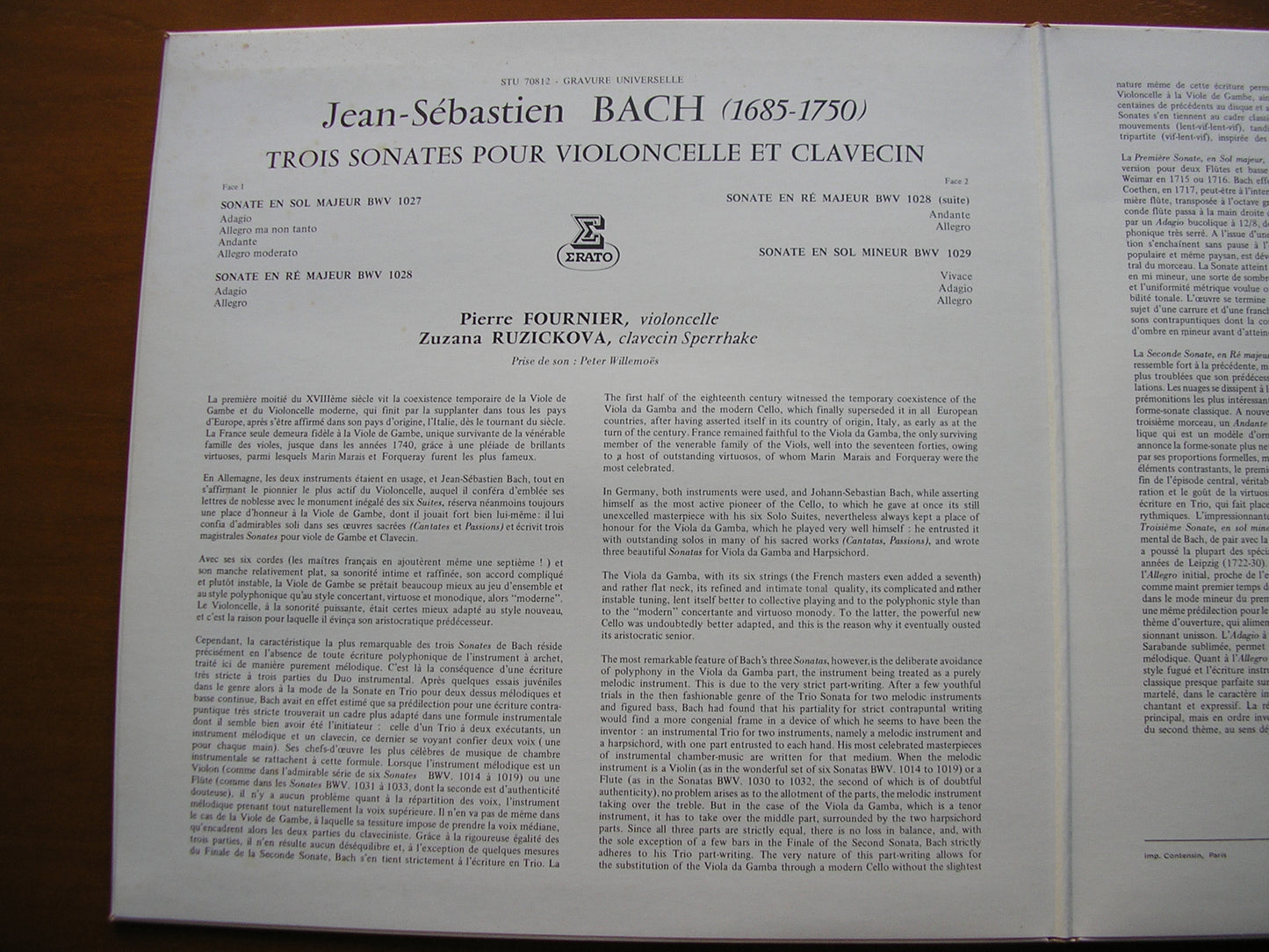 BACH: THREE SONATAS FOR CELLO & HARPSICHORD FOURNIER / RUZICKOVA STU 70812