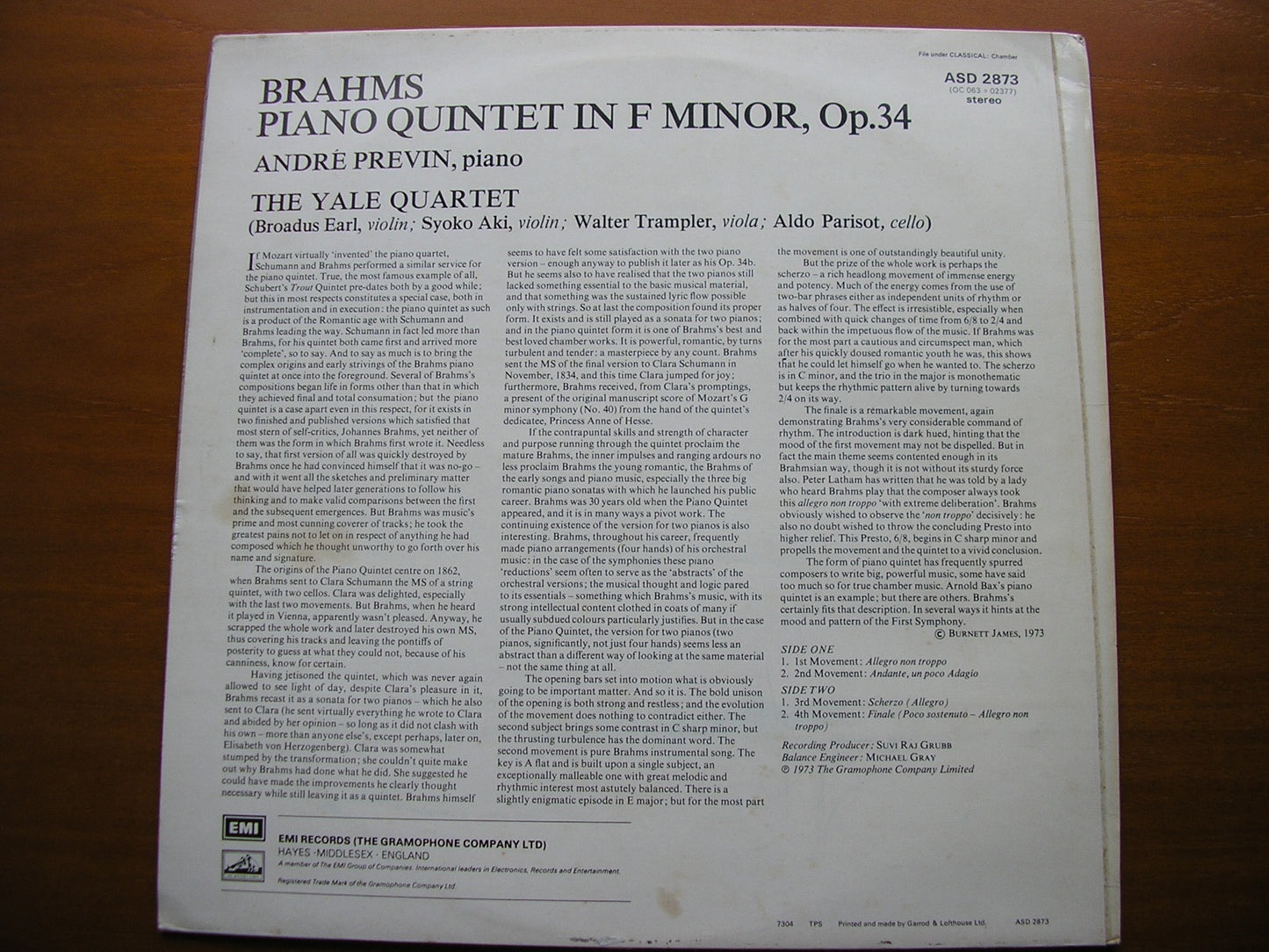 BRAHMS: PIANO QUINTET in F ANDRE PREVIN / THE YALE QUARTET ASD 2873