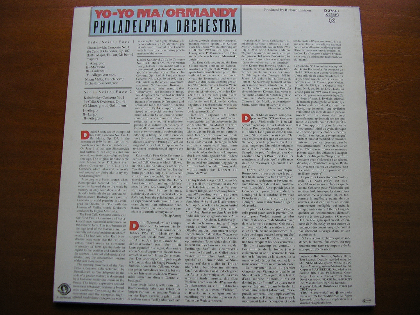 SHOSTAKOVICH / KABALEVSKY: CELLO CONCERTOS YO-YO MA / PHILADELPHIA ORCHESTRA / ORMANDY D 37840