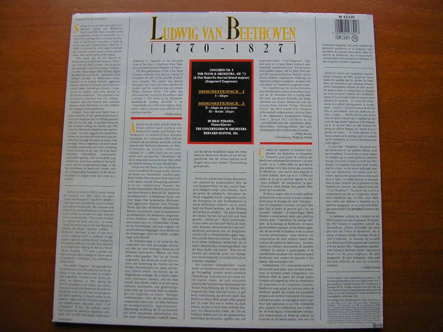 BEETHOVEN: PIANO CONCERTO No. 5 'Emperor' PERAHIA / CONCERTGEBOUW / HAITINK M 42330