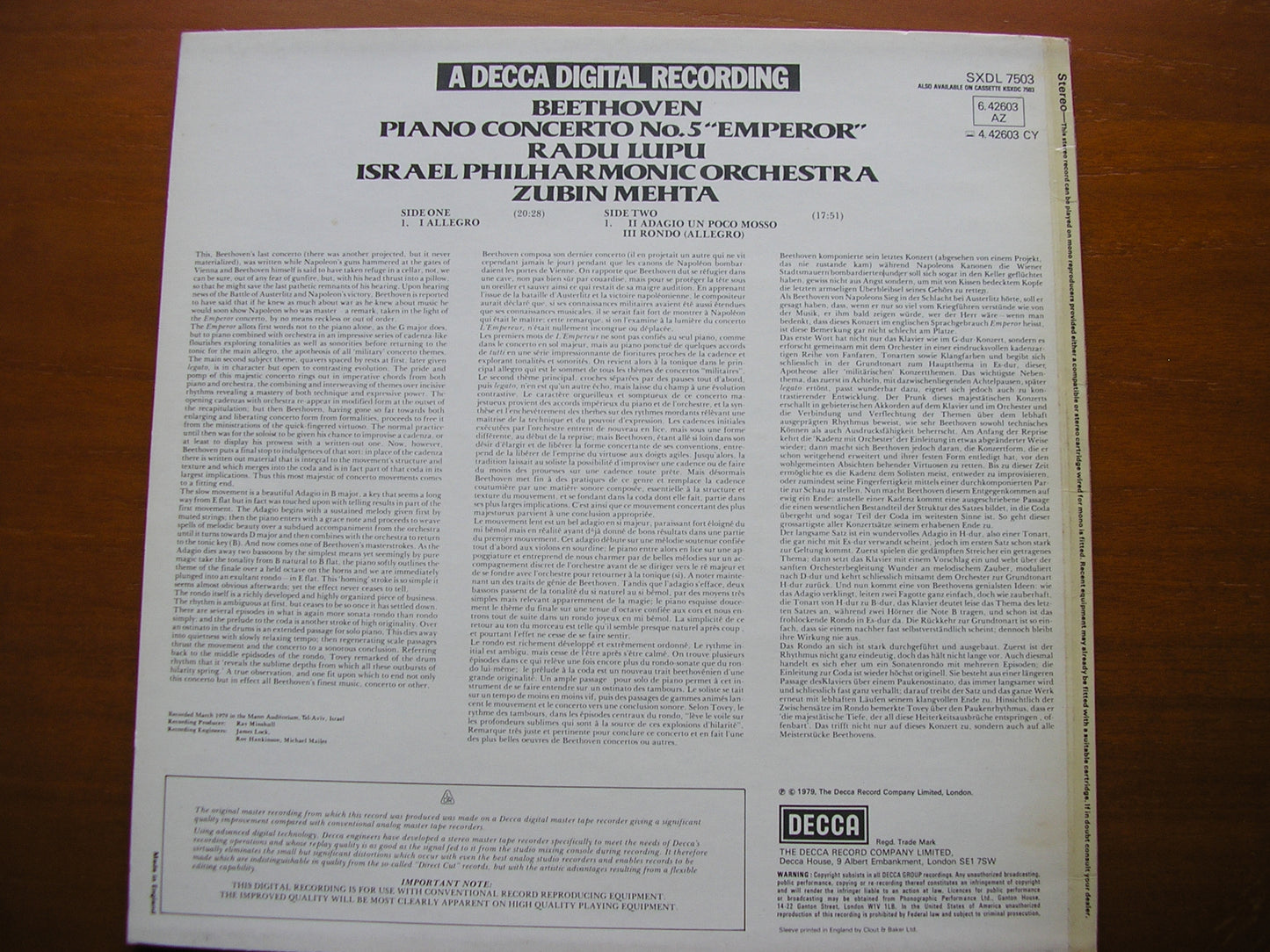 BEETHOVEN: PIANO CONCERTO No. 5 'Emperor' LUPU / ISRAEL PHILHARMONIC / MEHTA SXDL 7503