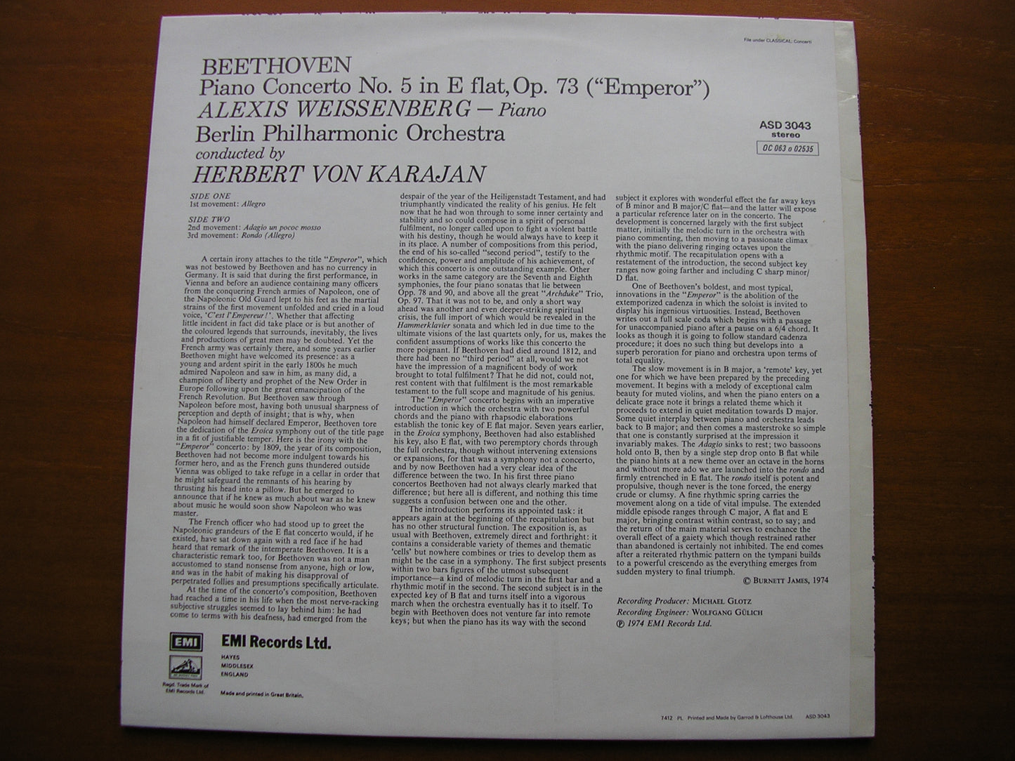 BEETHOVEN: PIANO CONCERTO No. 5 'Emperor' WEISSENBERG /BERLIN PHILHARMONIC / KARAJAN ASD 3043