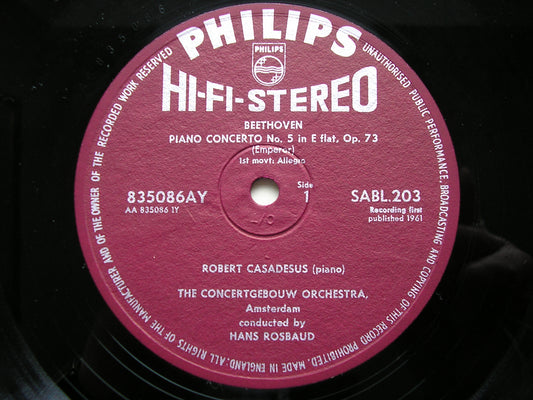 BEETHOVEN: PIANO CONCERTO No. 5  'Emperor'     CASADESUS / CONCERTGEBOUW / ROSBAUD     SABL 203