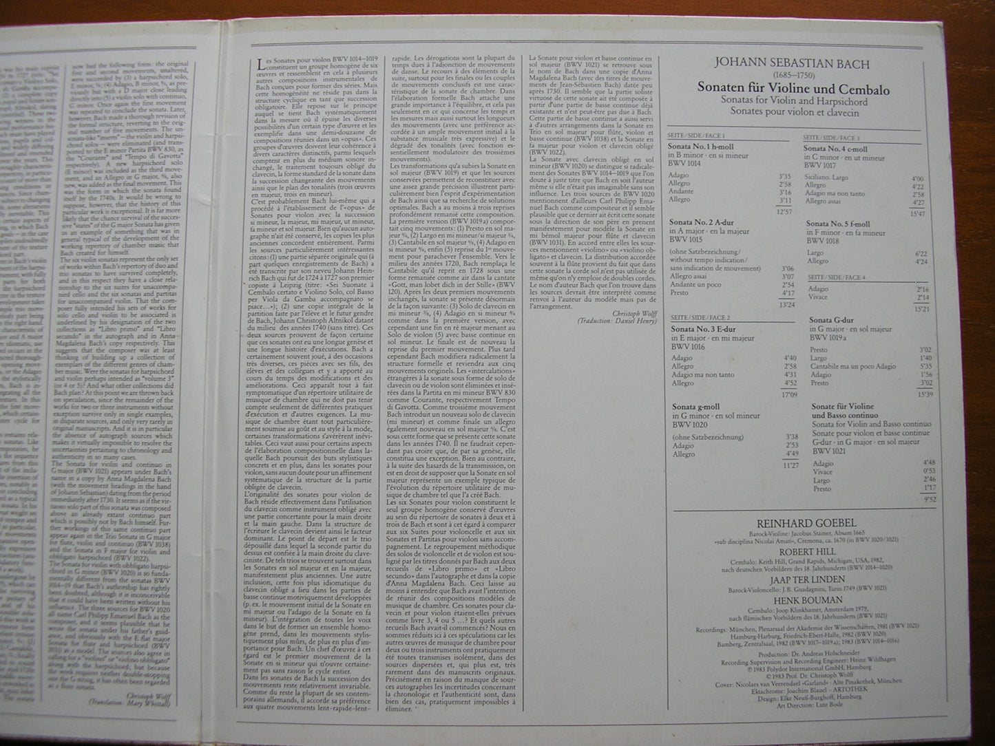 BACH: SONATAS FOR VIOLIN & HARPSICHORD    GOEBEL / MUSICA ANTIQUA KOLN   413 326