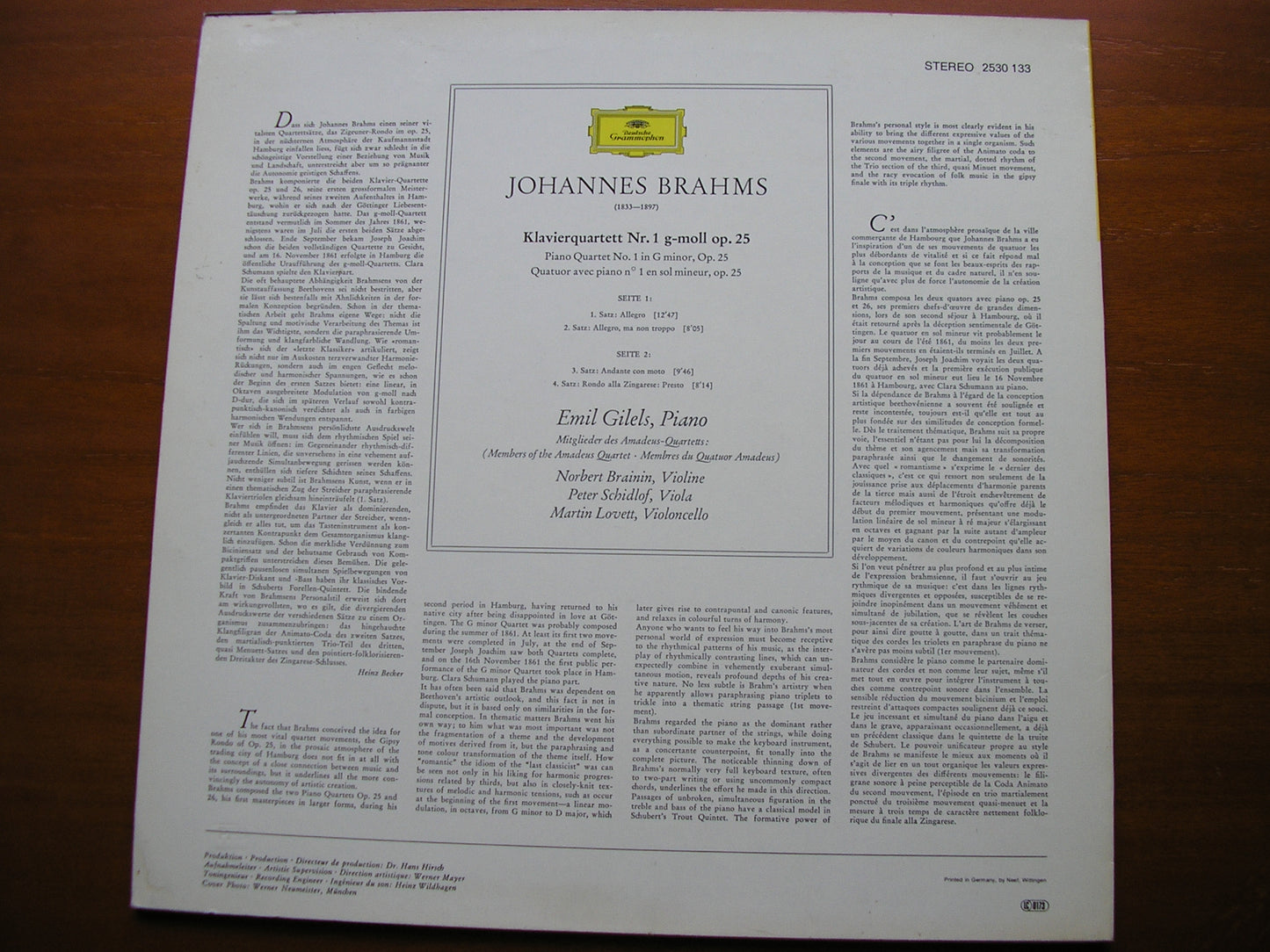 BRAHMS: PIANO QUARTET Op. 25 GILELS / MEMBERS OF THE AMADEUS QUARTET 2530 133