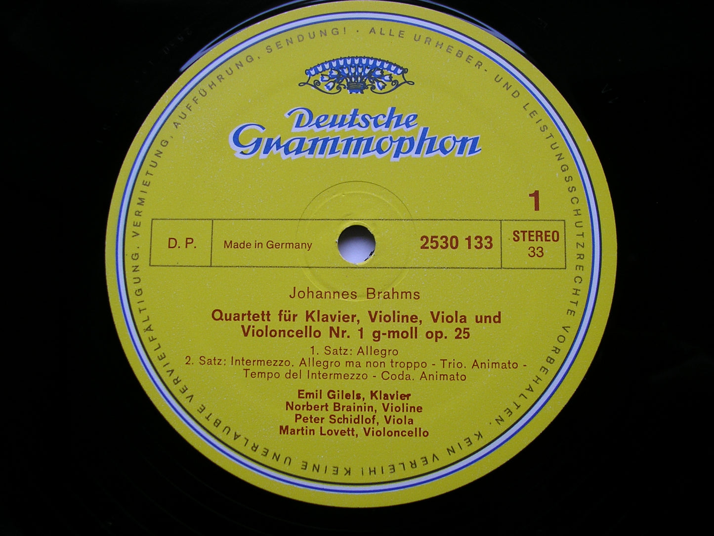 BRAHMS: PIANO QUARTET Op. 25 GILELS / MEMBERS OF THE AMADEUS QUARTET 2530 133