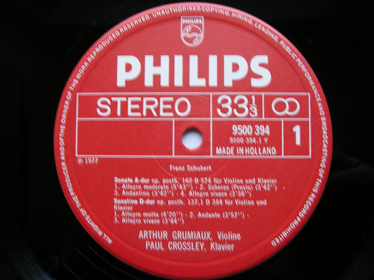 SCHUBERT: SONATINAS Op.137 Nos 1 / 2 / 3 & DUO Op.162 ARTHUR GRUMIAUX / PAUL CROSSLEY 9500 394