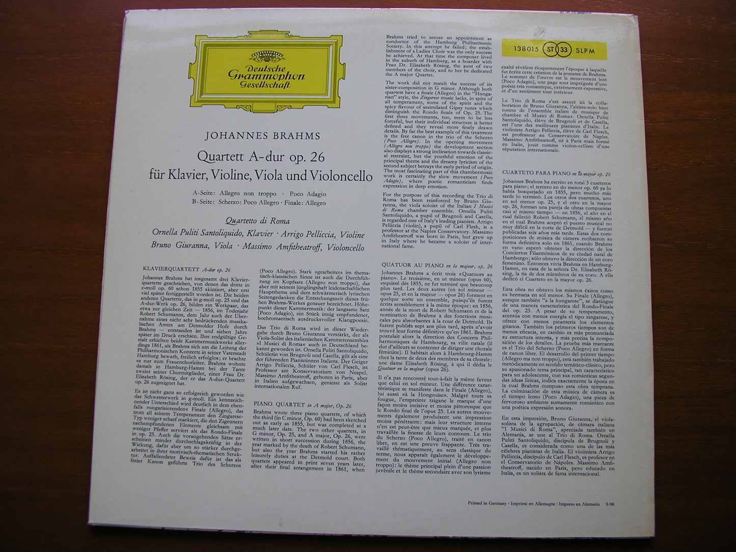 BRAHMS: PIANO QUARTET in A Op. 26 QUARTETTO DI ROMA 138 015
