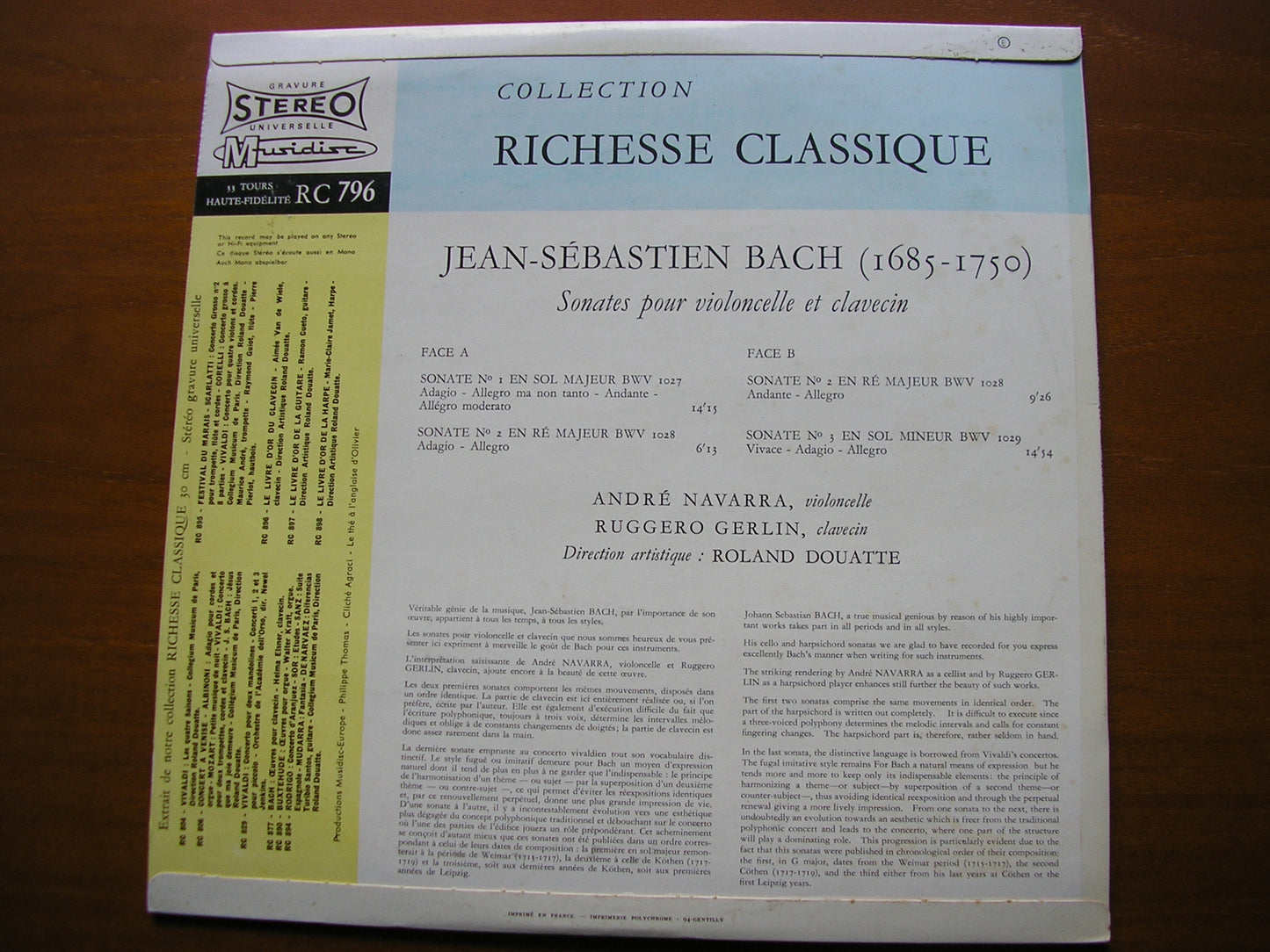 BACH: THREE SONATAS FOR CELLO & HARPSICHORD BWV 1027 - 1029     NAVARRA / GERLIN    30 RC 796