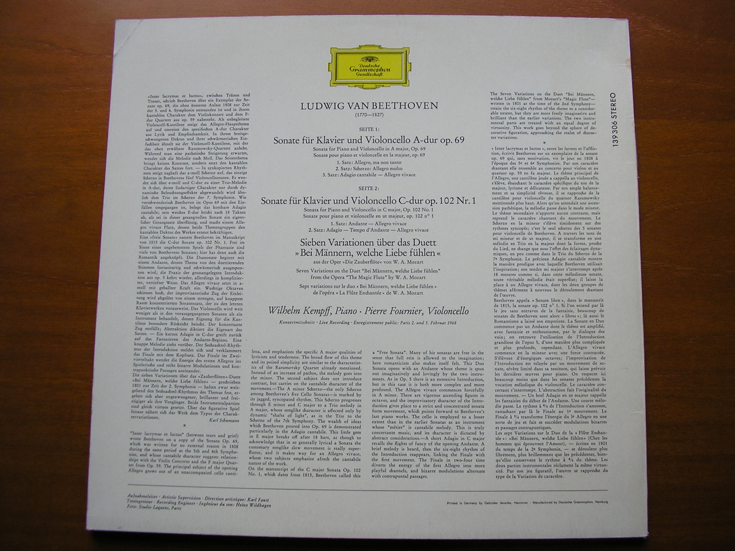 BEETHOVEN: SONATAS FOR PIANO & CELLO / VARIATIONS on 'Bei Mannern'      KEMPFF / FOURNIER      139 306