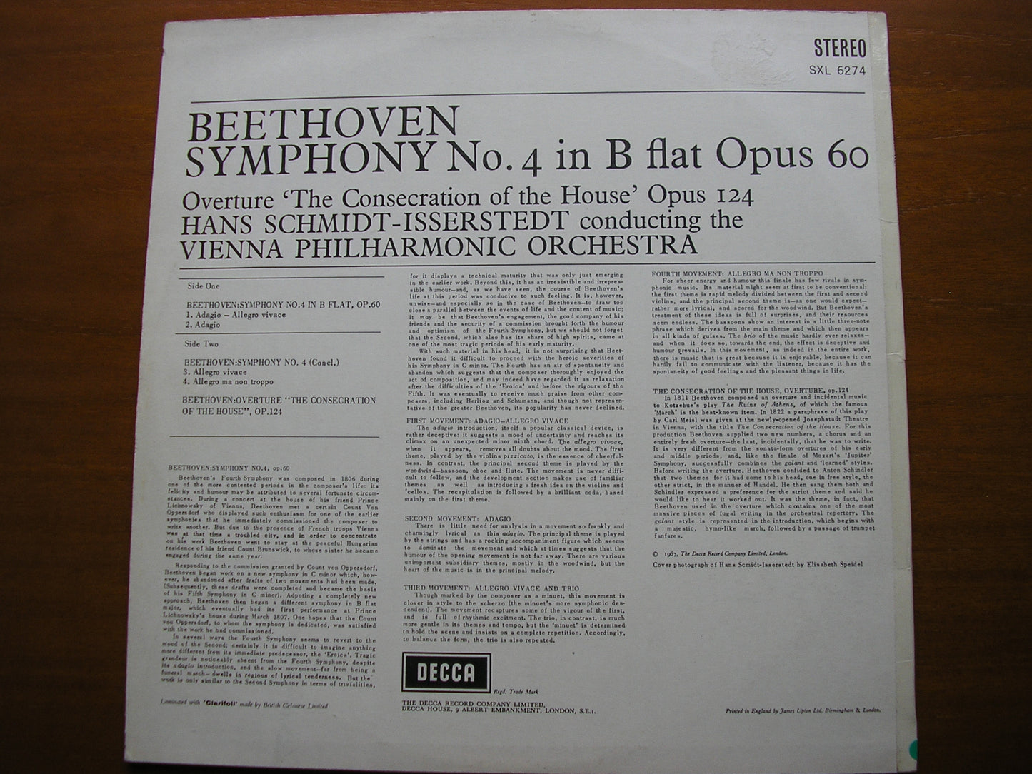 BEETHOVEN: SYMPHONY No. 4 / OVERTURE The Consecration of the House SCHMIDT-ISSERSTEDT / VIENNA PHILHARMONIC SXL 6274
