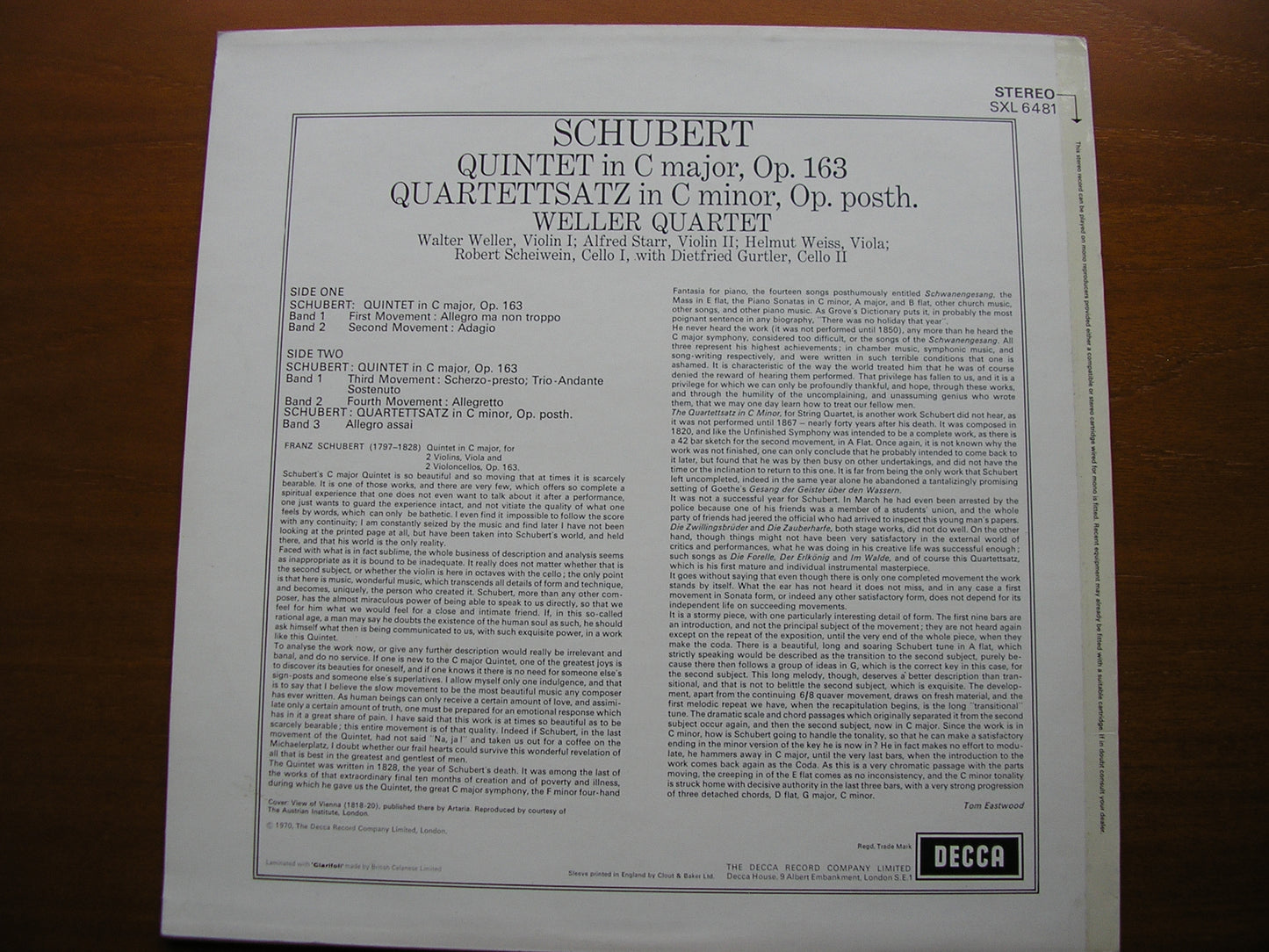 SCHUBERT: STRING QUINTET / QUARTETTSATZ WELLER QUARTET / GURTLER SXL 6481