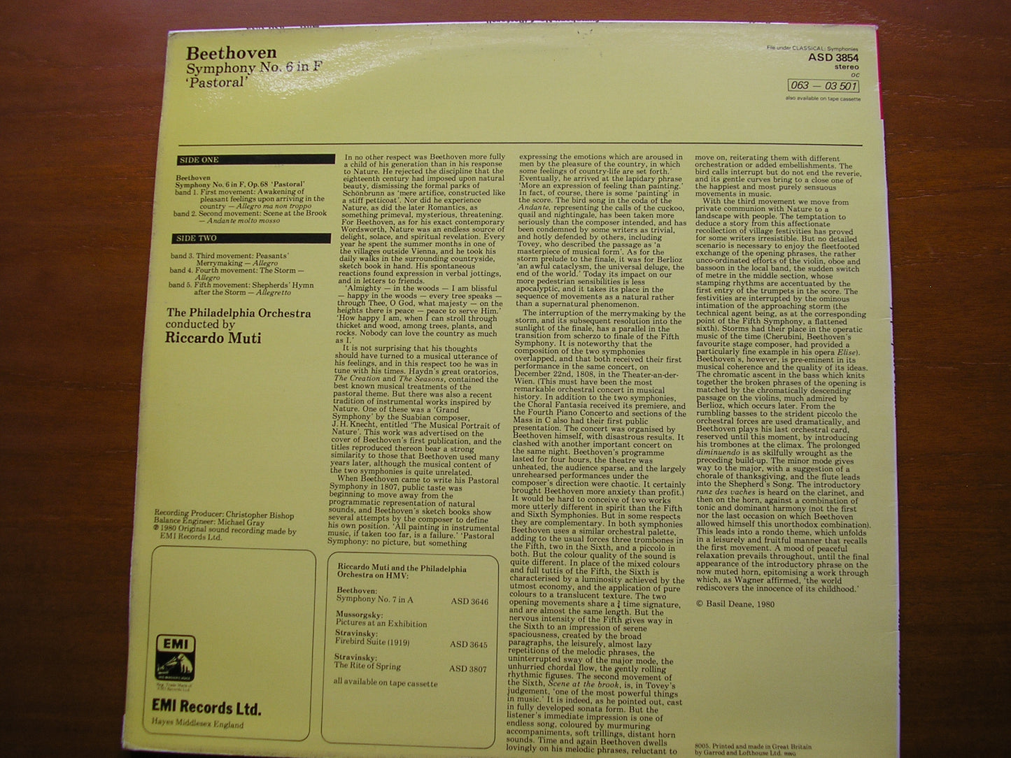 BEETHOVEN: SYMPHONY No. 6 'Pastoral' RICCARDO MUTI / PHILADELPHIA ORCHESTRA ASD 3854