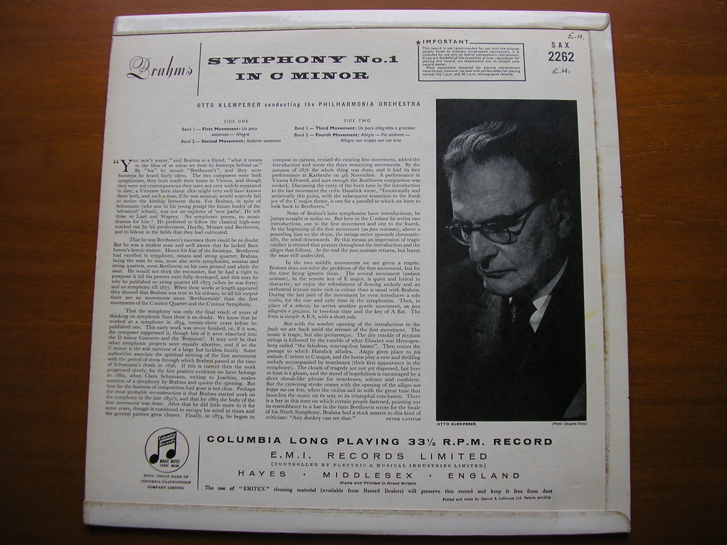 SAX 2262  BRAHMS: SYMPHONY No. 1       PHILHARMONIA / KLEMPERER