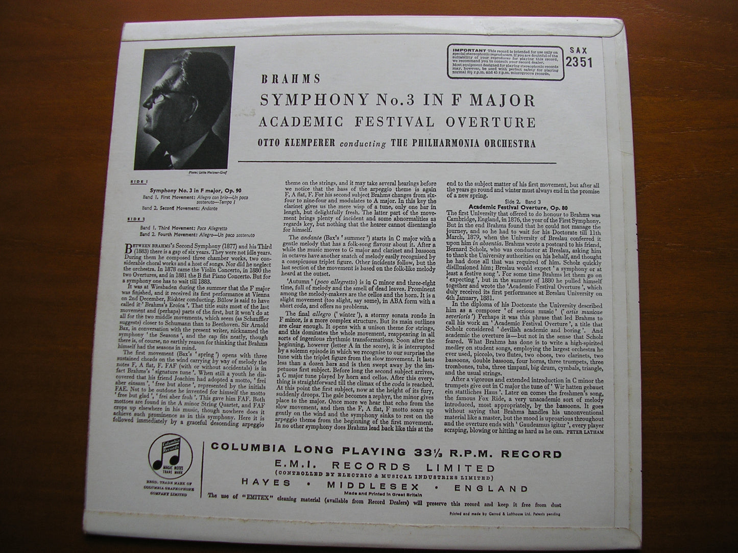 SAX 2351  BRAHMS: SYMPHONY No. 3 / ACADEMIC FESTIVAL       PHILHARMONIA / KLEMPERER