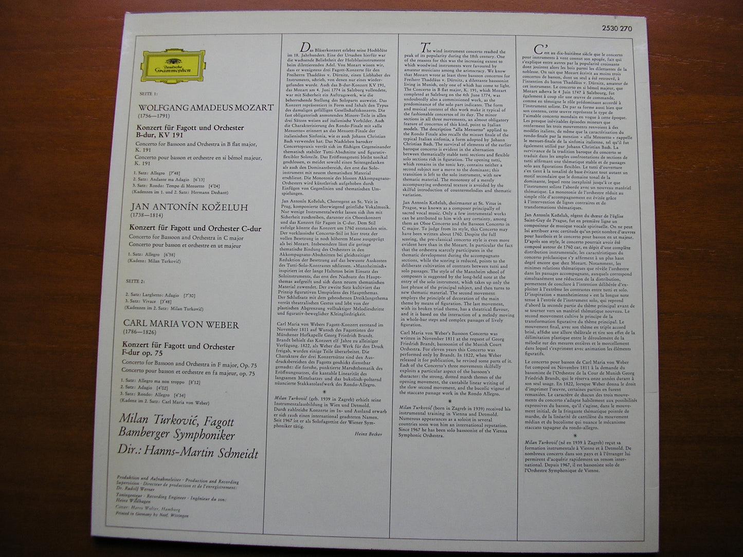 KOZELUH / MOZART / WEBER: BASSOON CONCERTOS    TURKOVIC / BAMBERG SYMPHONY / SCHNEIDT   2530 270