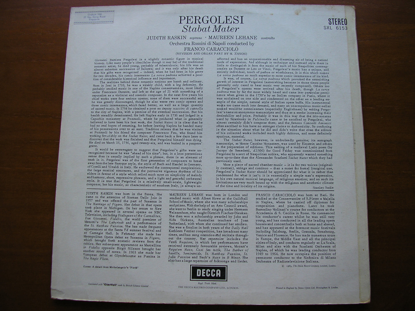 PERGOLESI: STABAT MATER     RASKIN / LEHANE / NAPLES ROSSINI ORCHESTRA / CARACCIOLO    SXL 6153