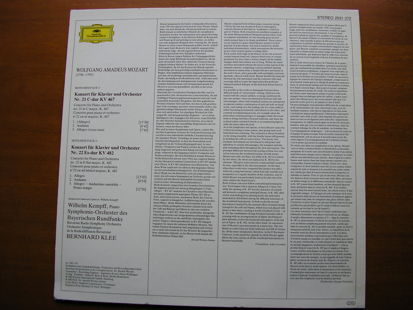 MOZART: PIANO CONCERTOS Nos. 21 & 22    KEMPFF / BAVARIAN RADIO SYMPHONY / KLEE     2531 372