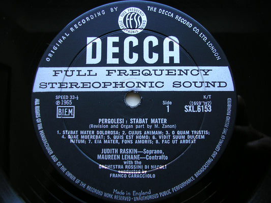 PERGOLESI: STABAT MATER     RASKIN / LEHANE / NAPLES ROSSINI ORCHESTRA / CARACCIOLO    SXL 6153