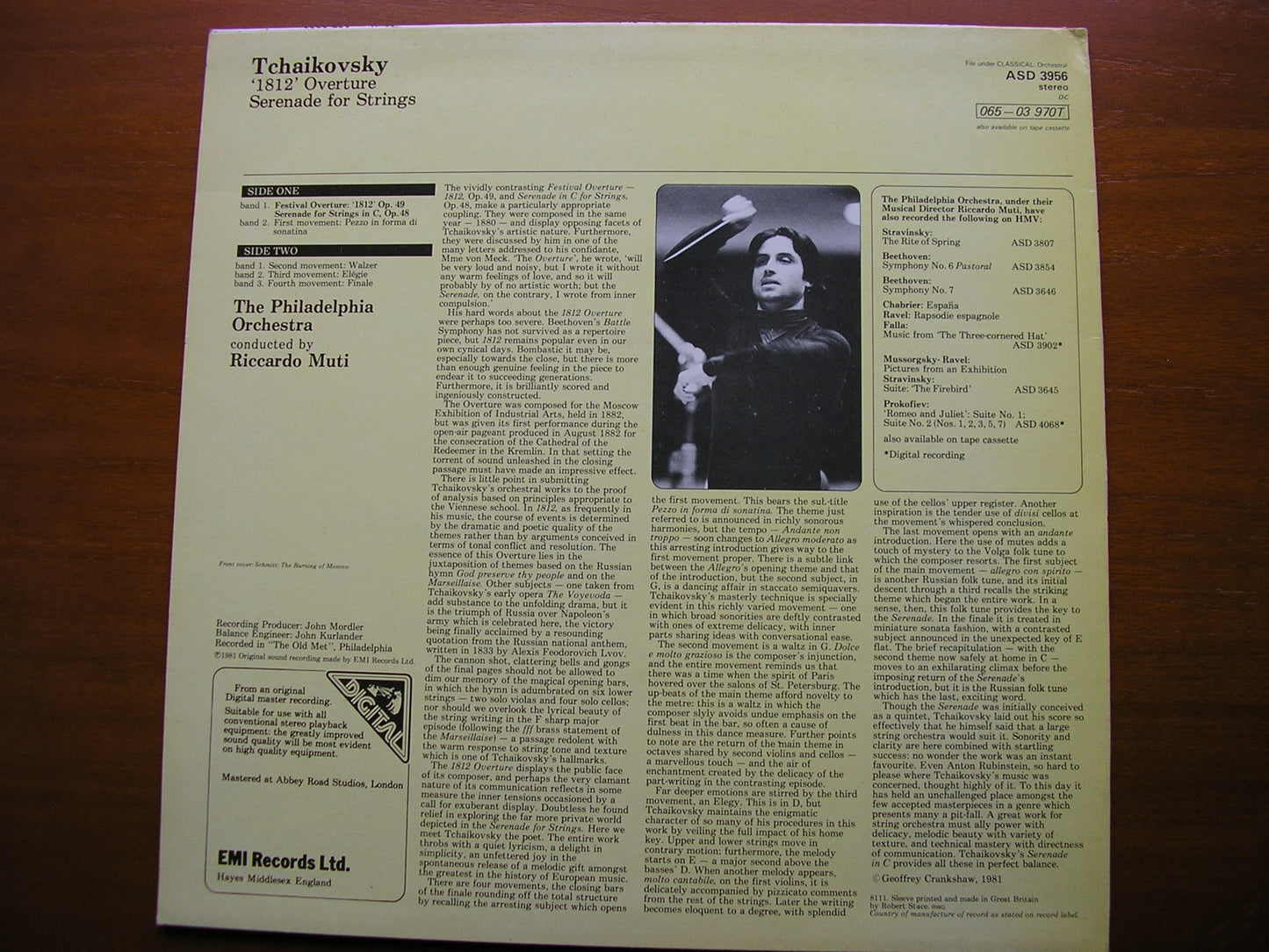 TCHAIKOVSKY: 1812 OVERTURE / SERENADE FOR STRINGS RICCARDO MUTI / PHILADELPHIA ORCHESTRA ASD 3956