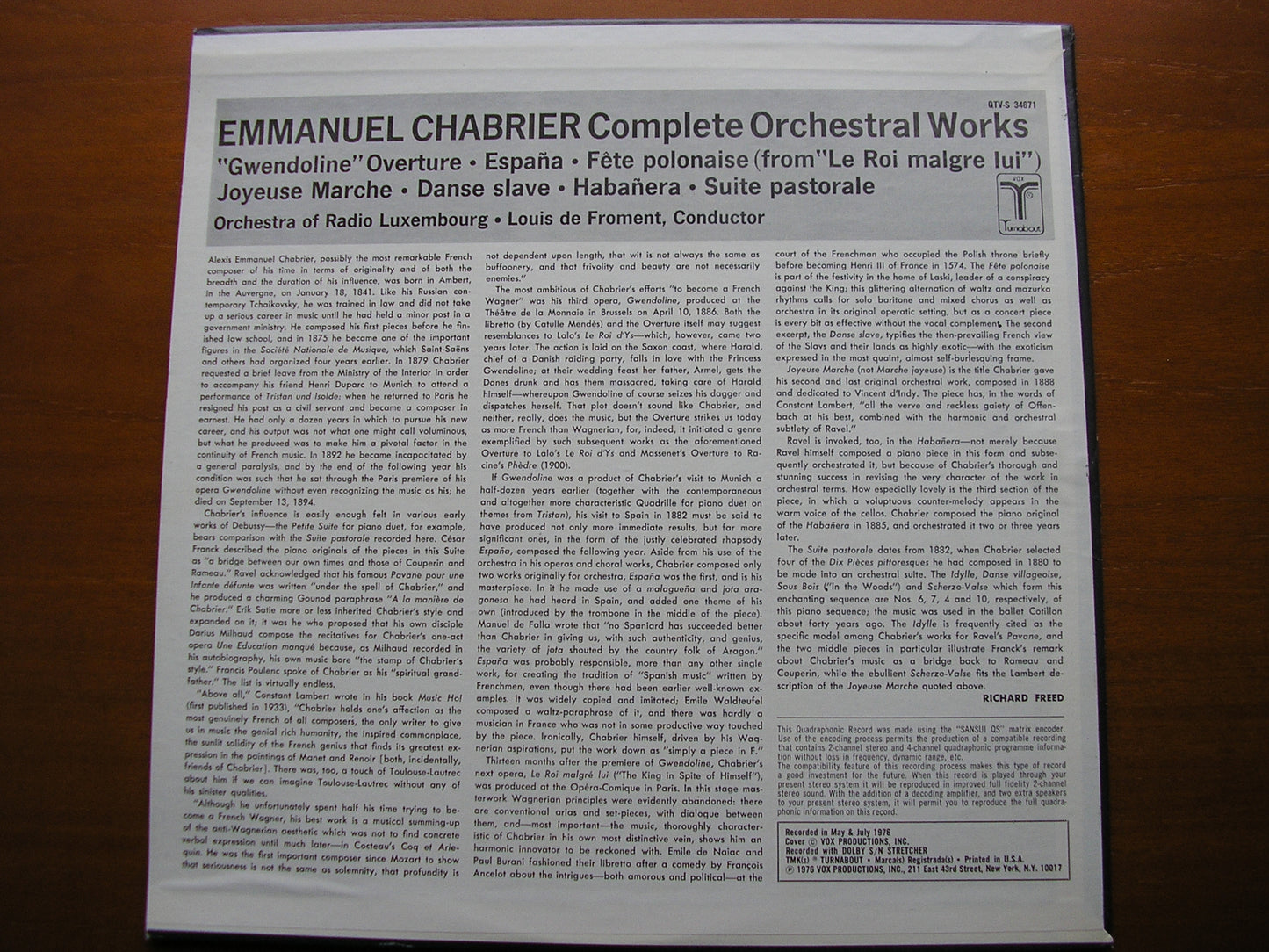 CHABRIER: COMPLETE ORCHESTRAL WORKS DE FROMENT / RADIO LUXEMBOURG ORCHESTRA QTVS 34671