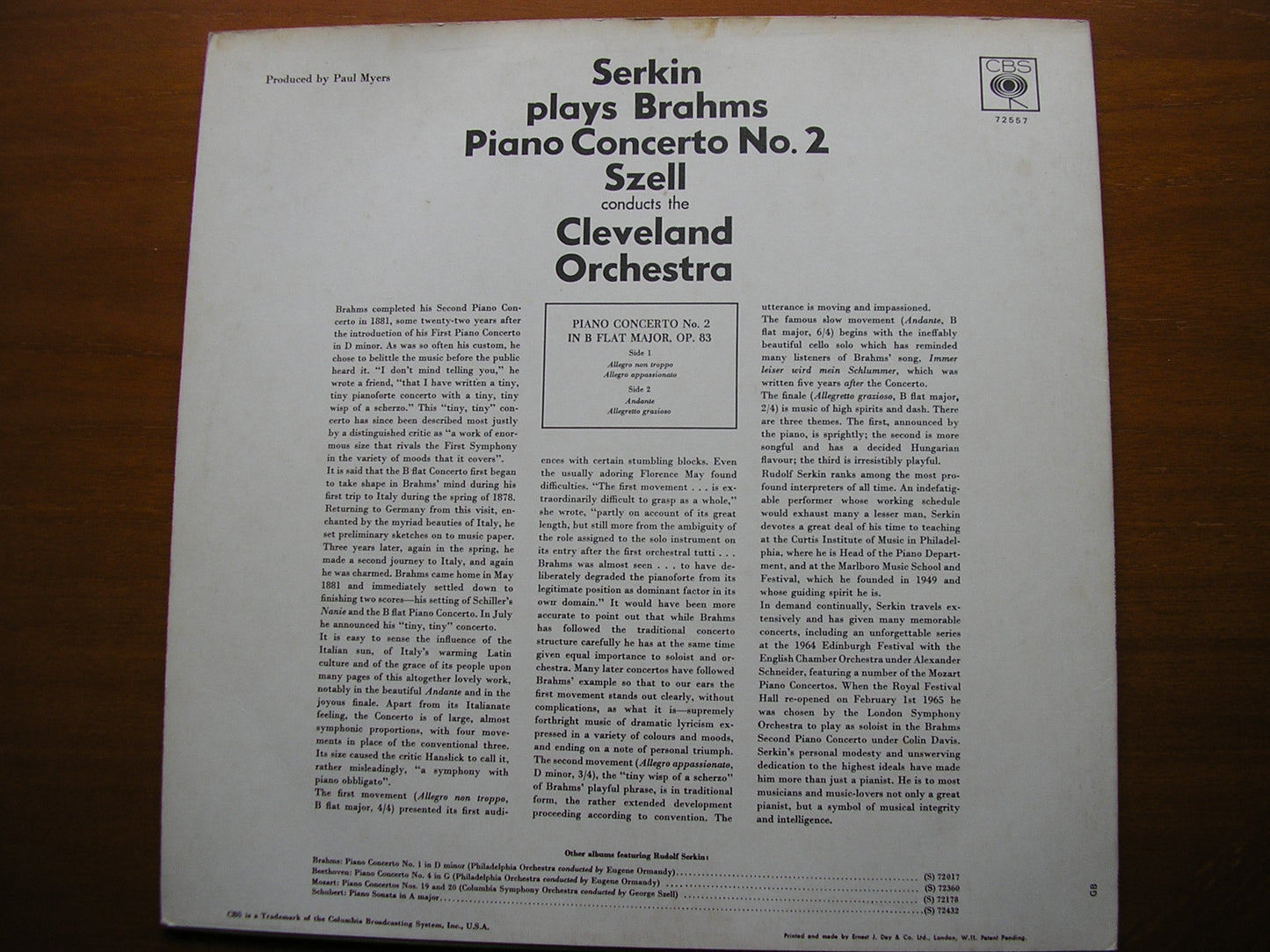 BRAHMS: PIANO CONCERTO No. 2 RUDOLF SERKIN / CLEVELAND ORCHESTRA / GEORGE SZELL 72557