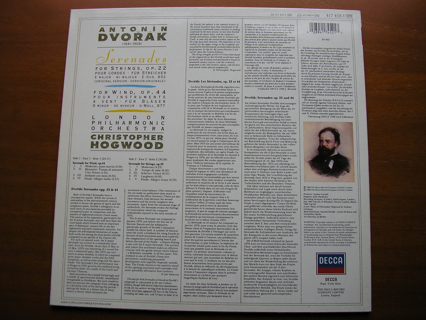 DVORAK: SERENADES Op. 22 for Strings / Op. 44 for Wind    HOGWOOD / LONDON PHILHARMONIC    417 452