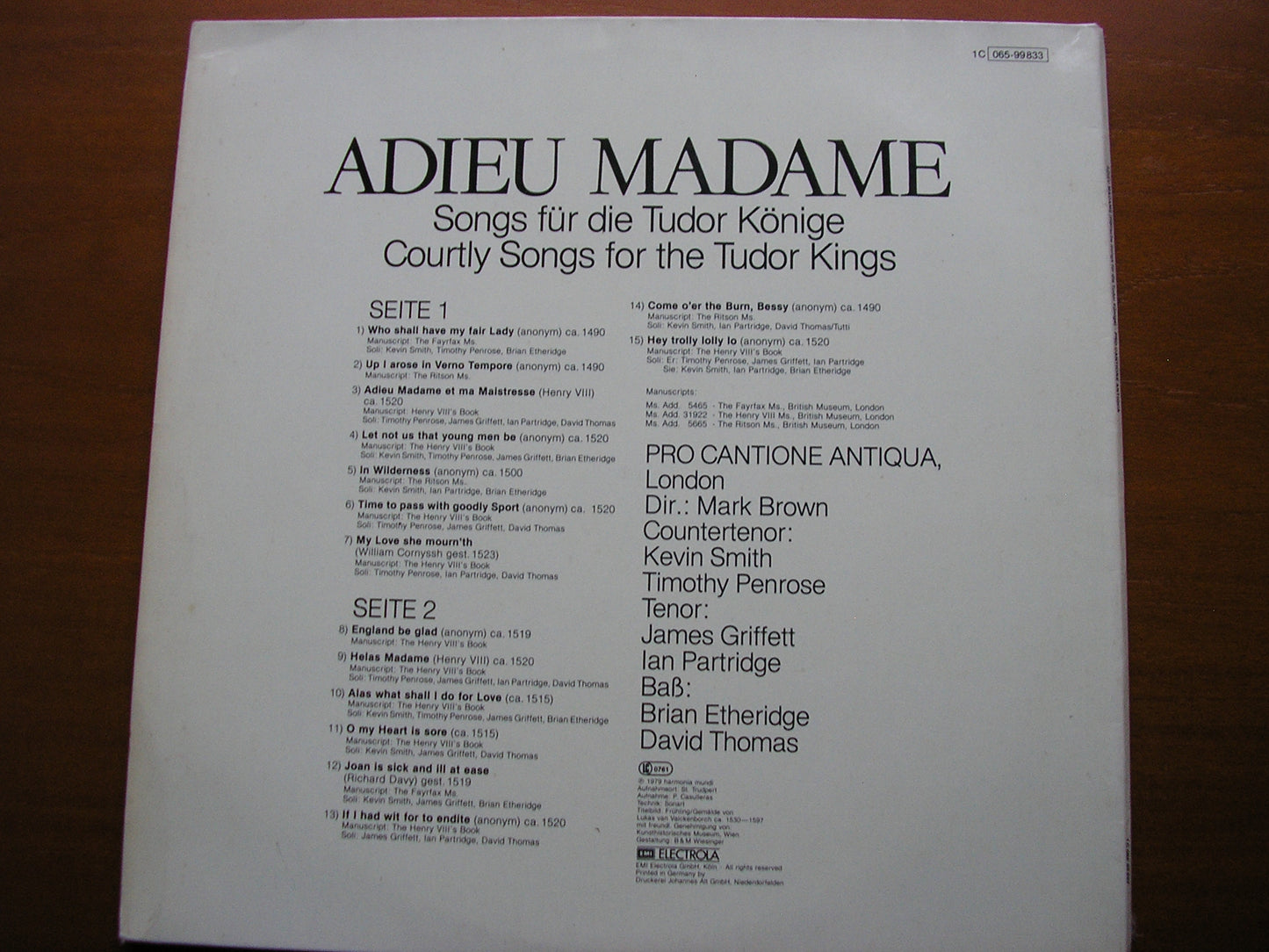 ADIEU MADAME: COURTLY SONGS FOR THE TUDOR KINGS PRO CANTIONE ANTIQUA / BROWN 065-99833
