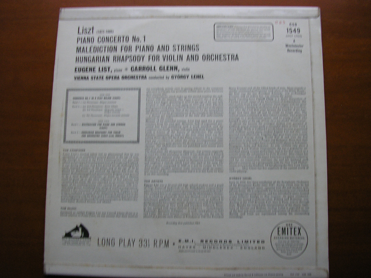 LISZT: PIANO CONCERTO No. 1 / MALEDICTION / HUNGARIAN RHAPSODY FOR VIOLIN LIST / GLENN / VSOO / LEHEL CSD 1549