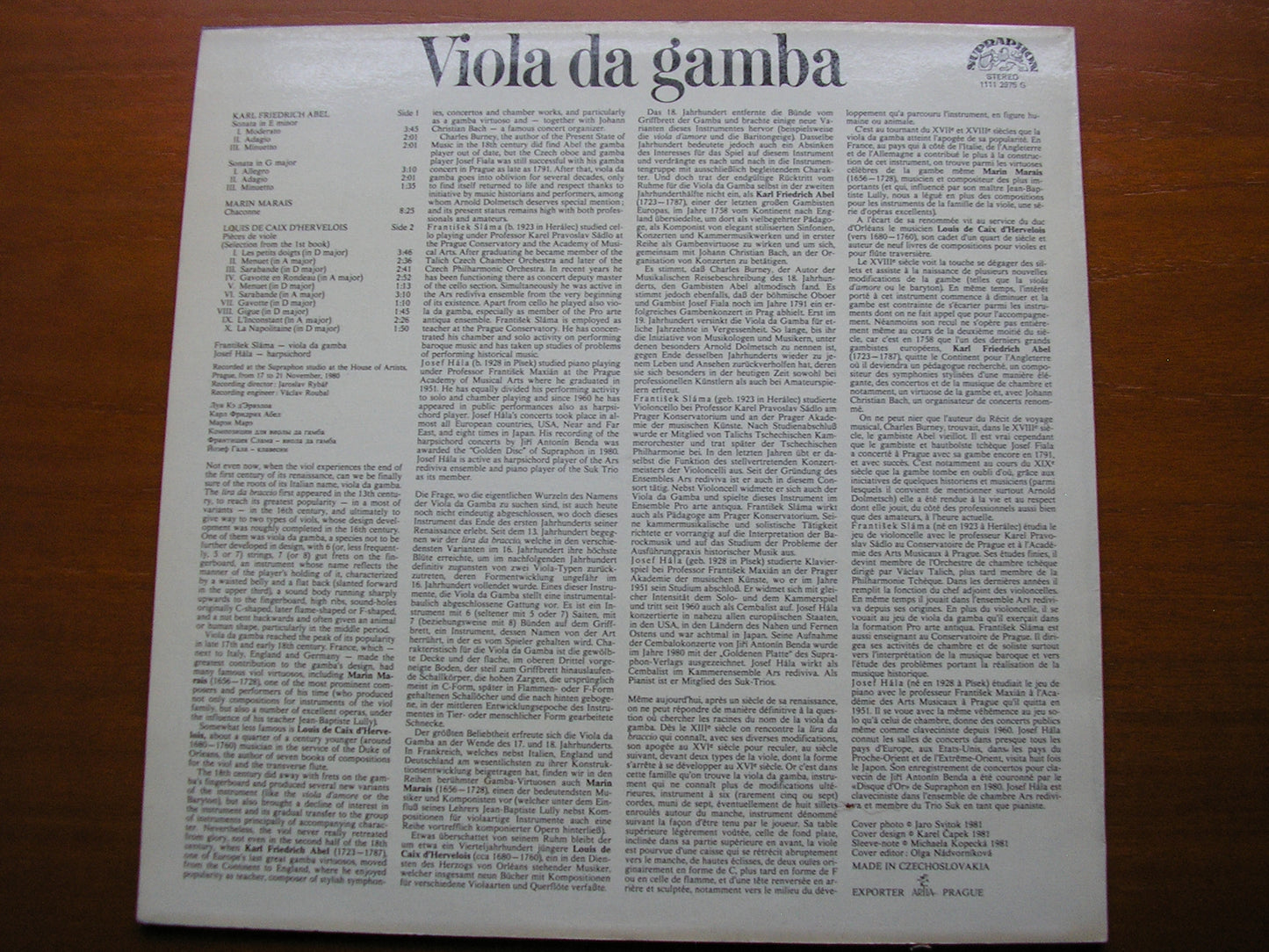 MUSIC FOR VIOLA DA GAMBA: ABEL / MARAIS / D'HERVELOIS       FRANTISEK SLAMA / JOSEF HALA    1111 2975