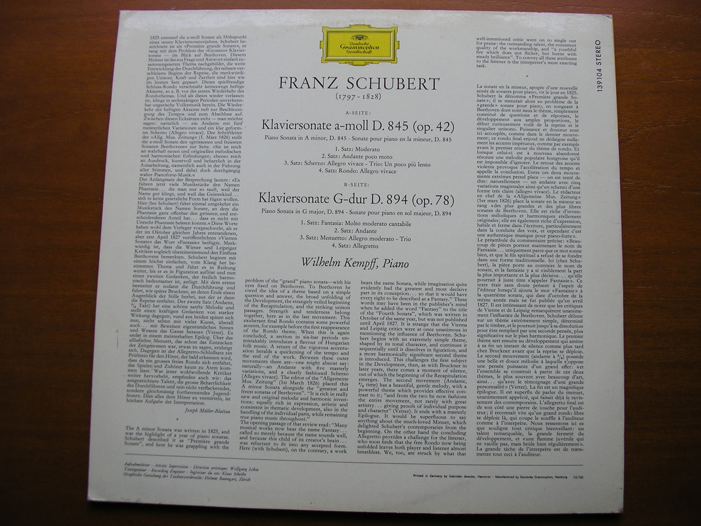 SCHUBERT: PIANO SONATAS D845 & D894 WILHELM KEMPFF 139 104