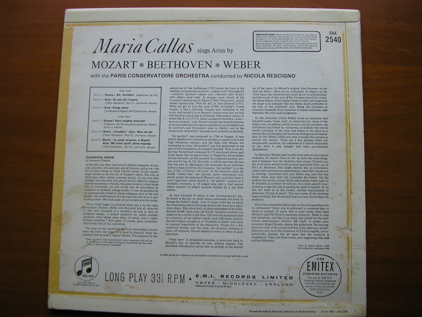 SAX 2540  CALLAS SINGS MOZART / WEBER / BEETHOVEN      CALLAS / PARIS CONSERVATOIRE / RESCIGNO
