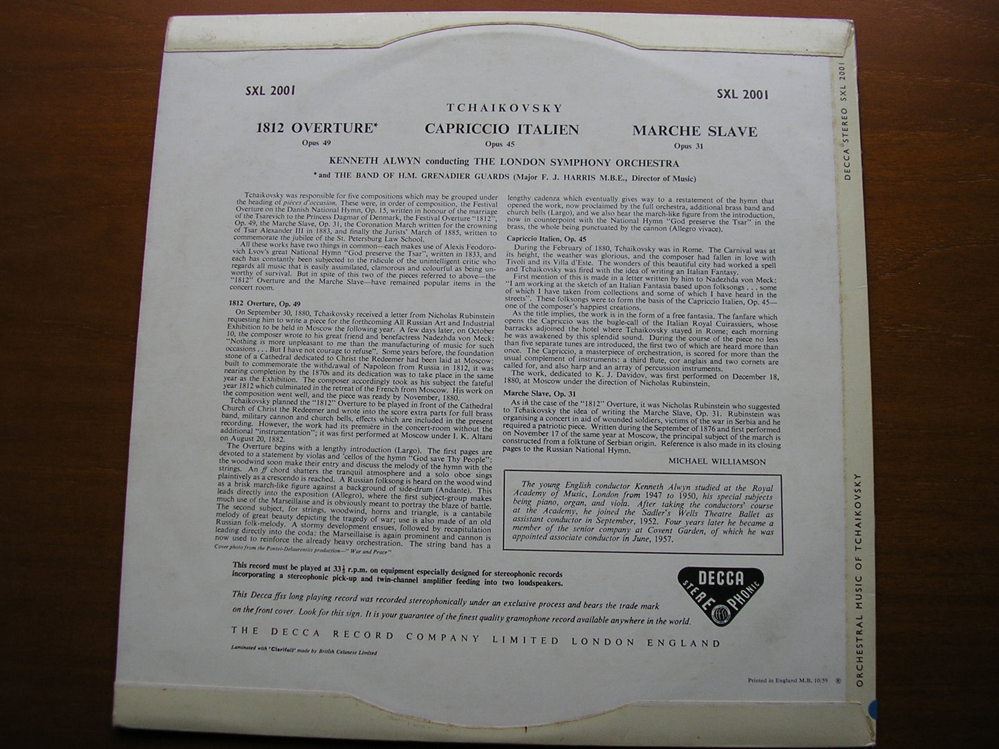 TCHAIKOVSKY: 1812 OVERTURE / CAPRICCIO ITALIEN / MARCHE SLAVE KENNETH ALWYN / LONDON SYMPHONY SXL 2001