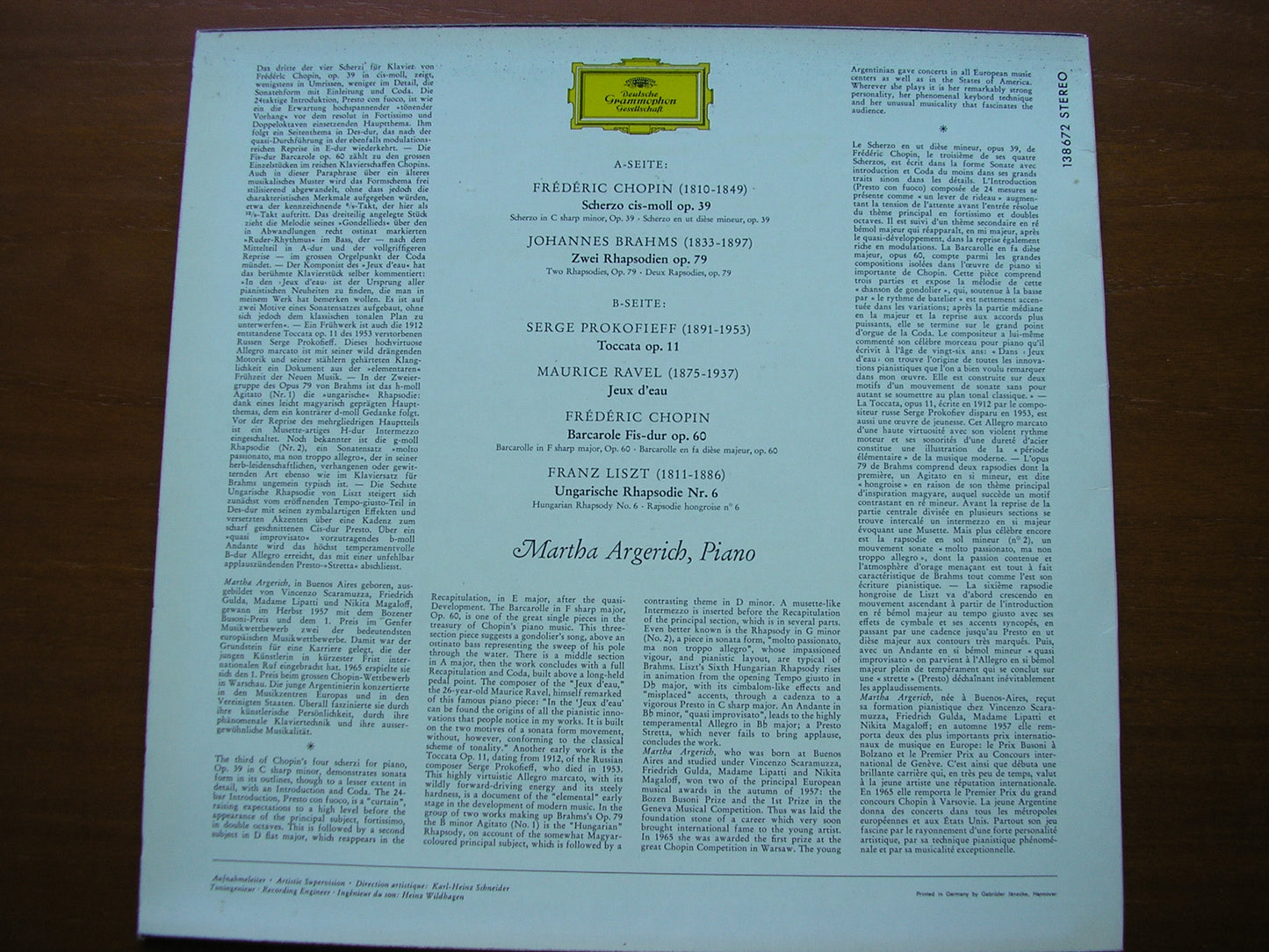 CHOPIN / LISZT / BRAHMS / PROKOFIEV / RAVEL: PIANO WORKS      ARGERICH    138 672