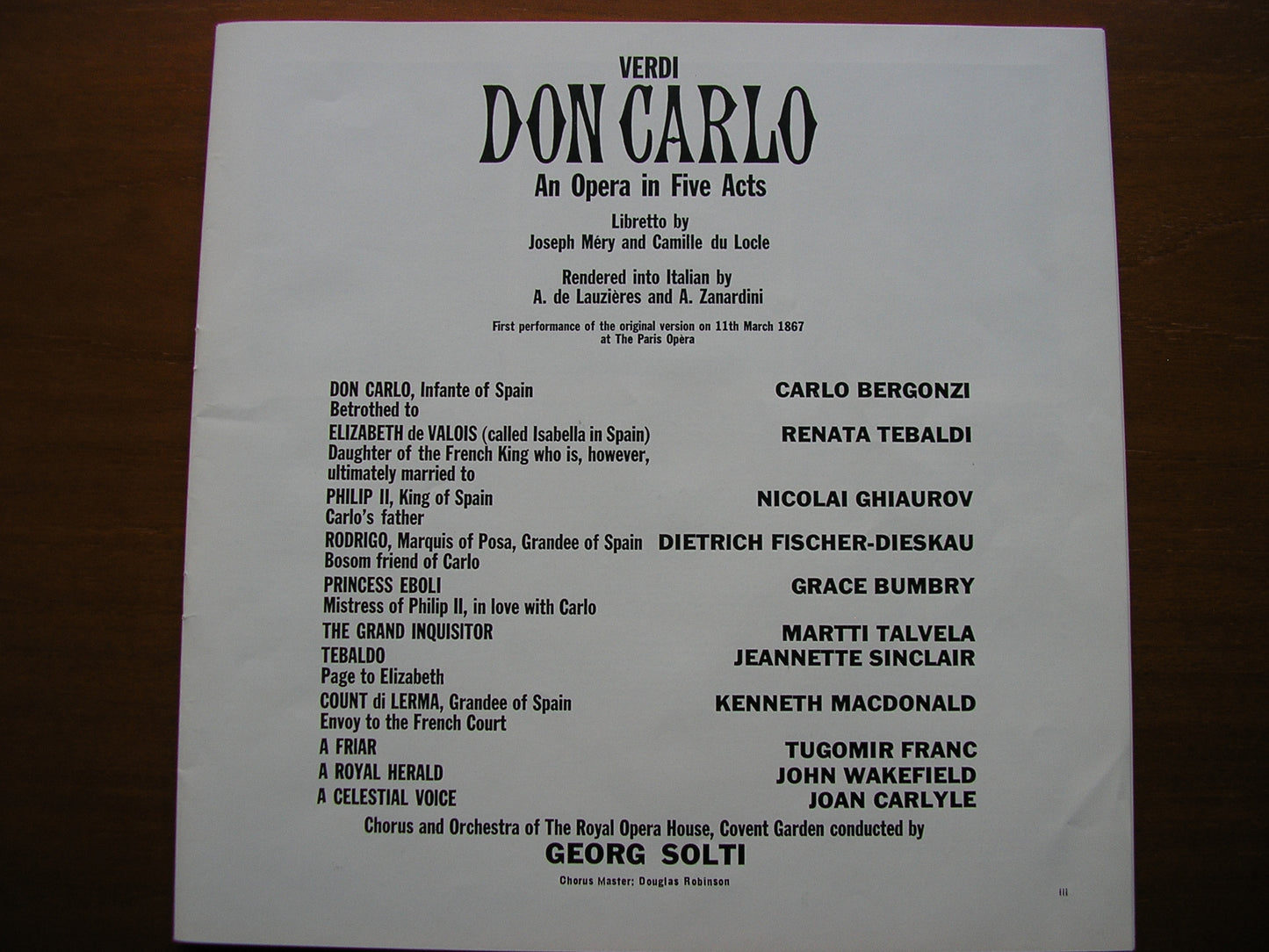 VERDI: DON CARLO - BERGONZI / TEBALDI / GHIAUROV / BUMBRY / FISCHER-DIESKAU / OROHCG / SOLTI     SET 305 - 8