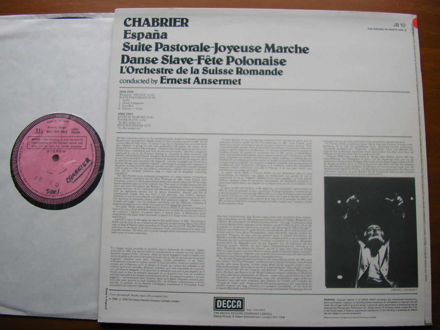 CHABRIER: ESPANA / JOYEUSE MARCHE / SUITE PASTORALE ERNEST ANSERMET / SUISSE ROMANDE JB 10