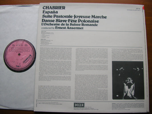 CHABRIER: ESPANA / JOYEUSE MARCHE / SUITE PASTORALE   ERNEST ANSERMET / SUISSE ROMANDE     JB 10