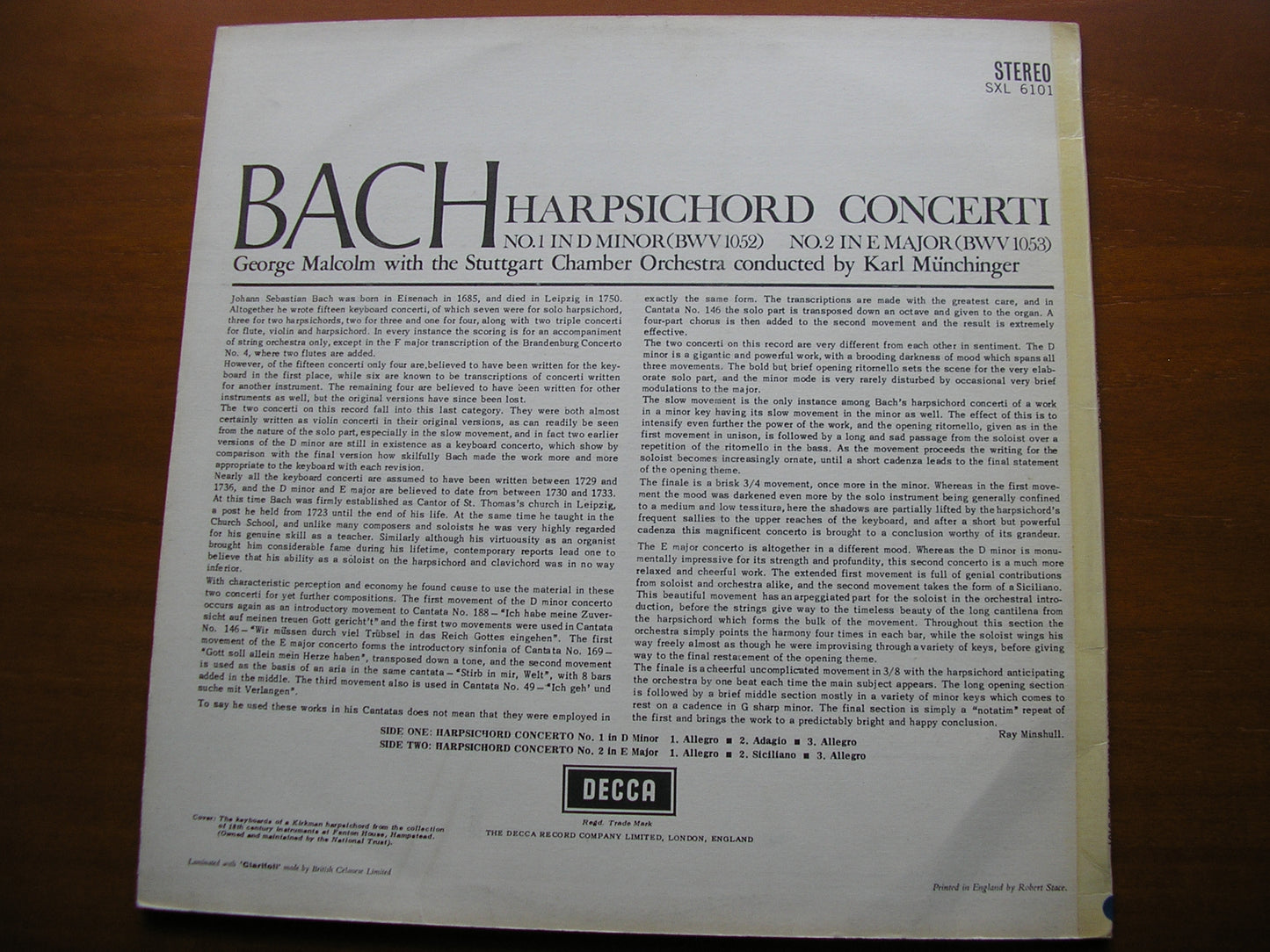 SXL 6101 BACH: HARPSICHORD CONCERTOS Nos. 1 & 2 MALCOLM / STUTTGART CHAMBER ORCHESTRA / MUNCHINGER