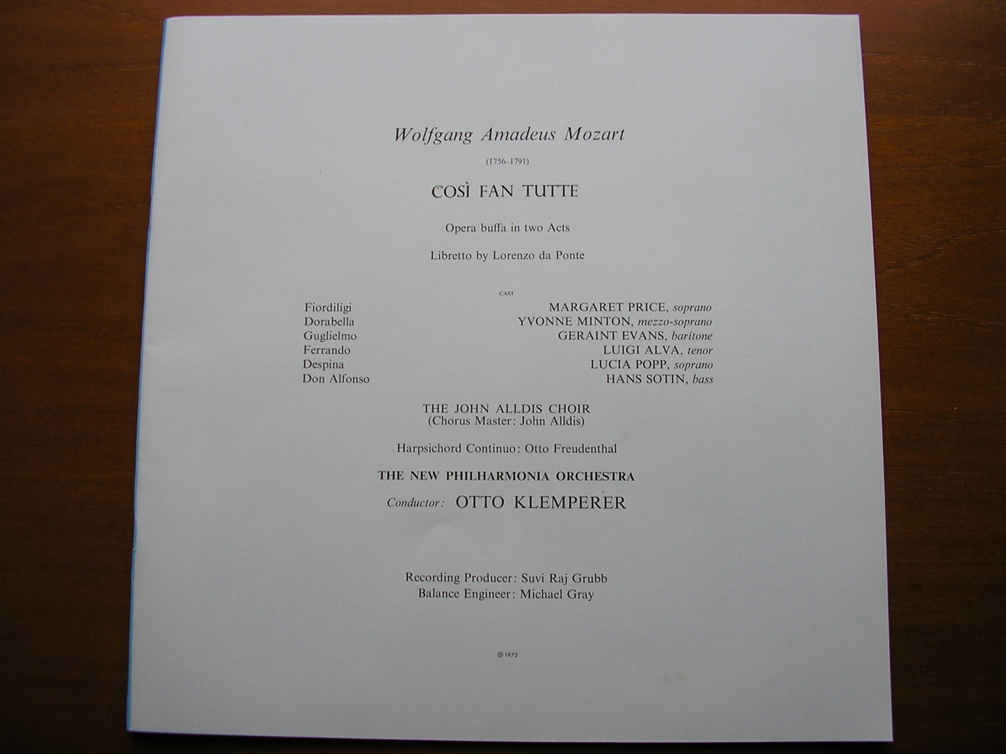 MOZART: COSI FAN TUTTE - PRICE / MINTON / POPP / ALVA / EVANS / SOTIN / NEW PHILHARMONIA / OTTO KLEMPERER    SLS 961