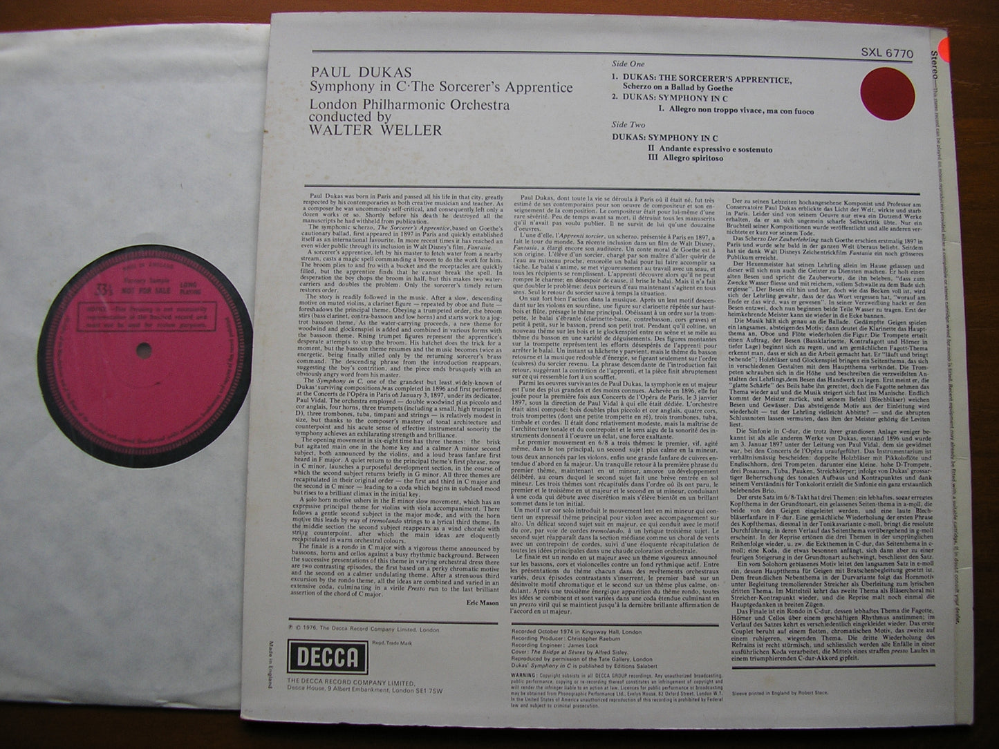 DUKAS: SYMPHONY in C / THE SORCERER'S APPRENTICE    WELLER / LONDON PHILHARMONIC    SXL 6770