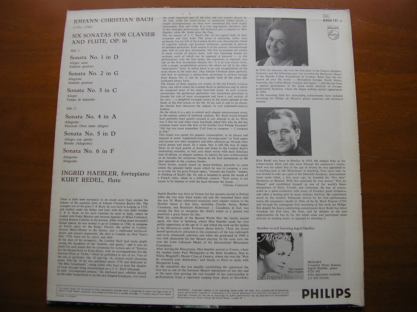 BACH, J C: SIX SONATAS FOR CLAVIER & FLUTE Op. 16 INGRID HAEBLER / KURT REDEL 6500 121