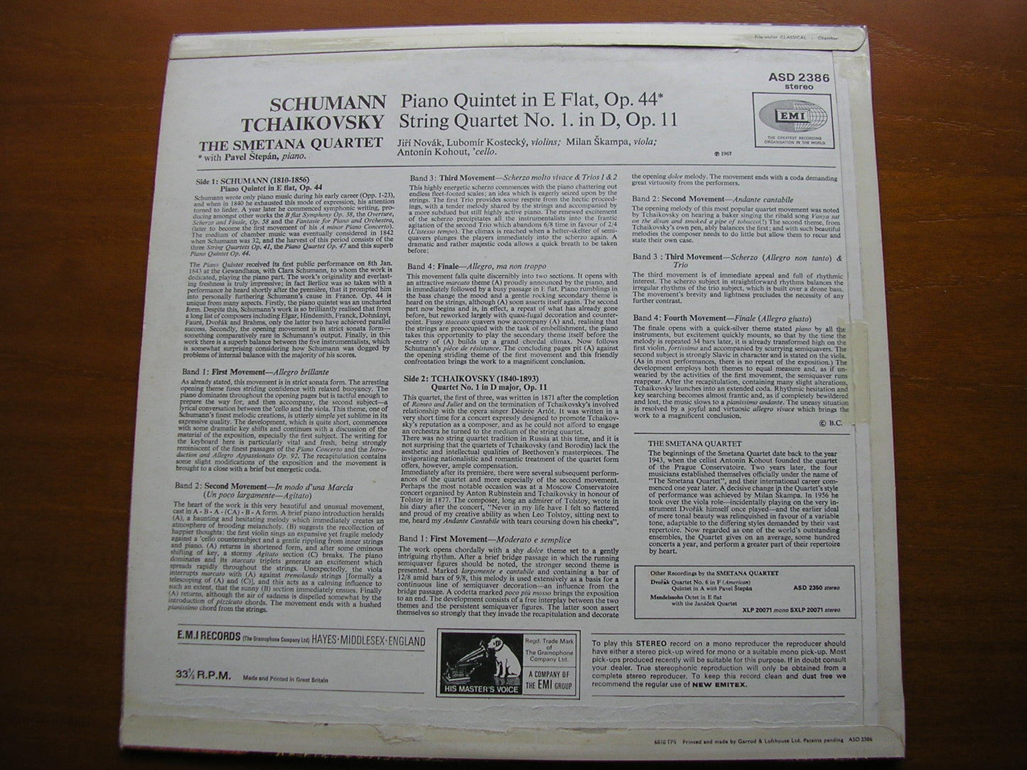 SCHUMANN: PIANO QUINTET / TCHAIKOVSKY: STRING QUARTET No. 1     SMETANA QUARTET / STEPAN     ASD 2386