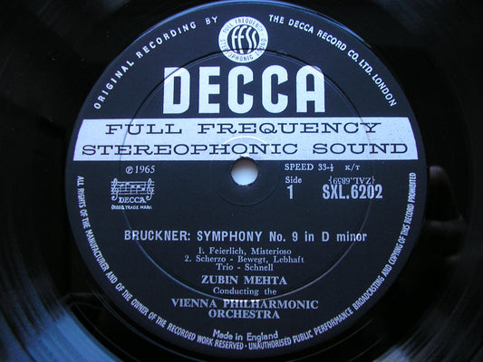 BRUCKNER: SYMPHONY No. 9    MEHTA / VIENNA PHILHARMONIC     SXL 6202